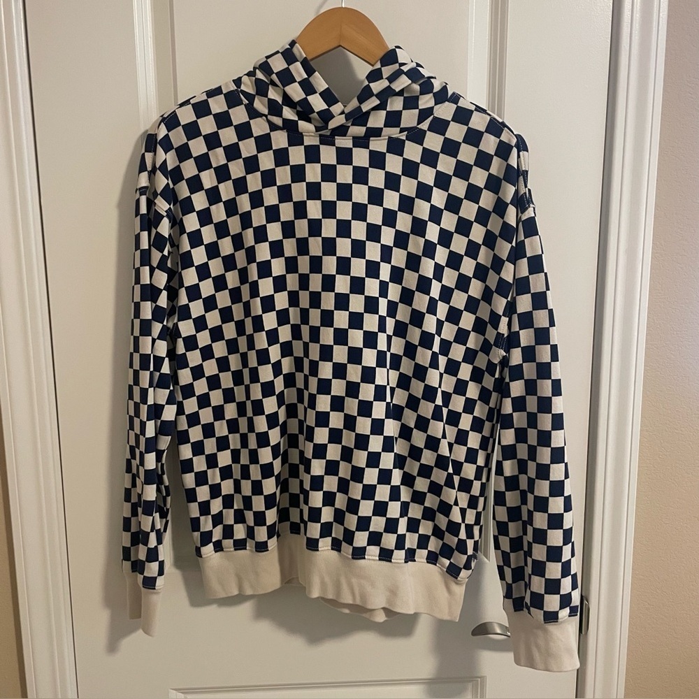 Crewcuts Checkered Garment Dyed Hoodie Sweatshirt Navy Cream Size XL